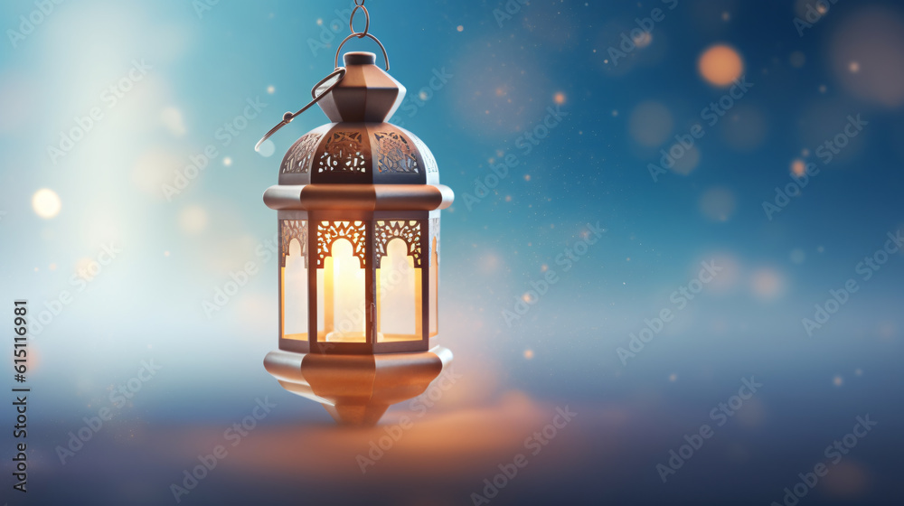 Islamic background with a hang lantern, with copy space for text, design concept of Ramadan Kareem Eid ul Adha Banner Background