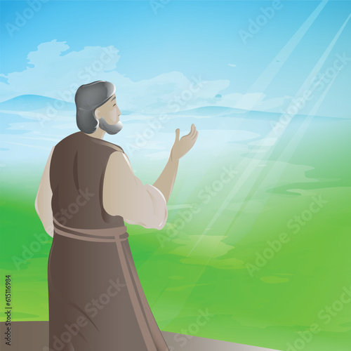 God speaks to Noah. Bible series. Illustration for Bible stories. Noah cartoon character. 
