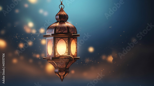 Islamic background with a hang lantern, with copy space for text, design concept of Ramadan Kareem Eid ul Adha Banner Background
