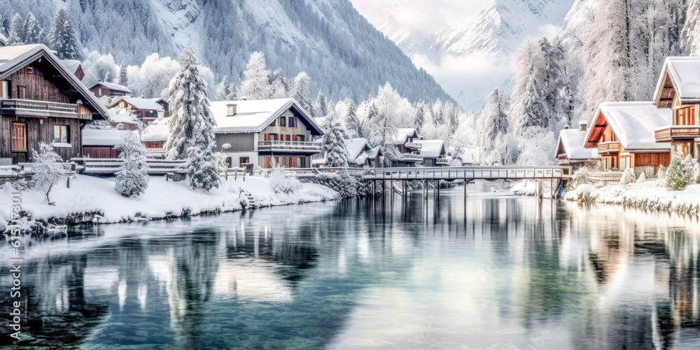 Winter Landscape and Village in the European Alps Christmas Advent Wallpaper Background Generative AI Digital Art Kunst Illustration Journal