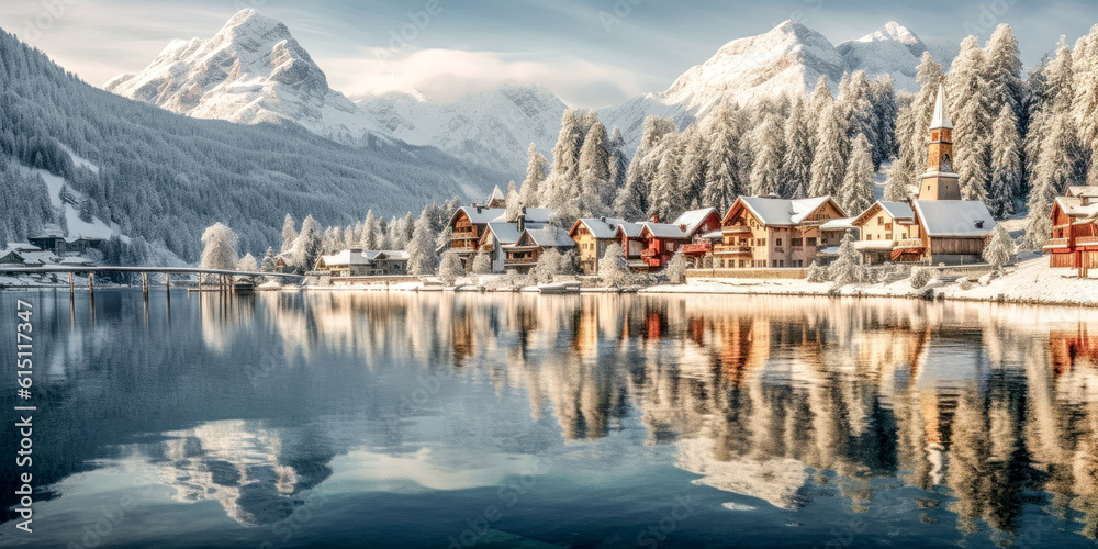 Fototapeta premium Winter Landscape and Village in the European Alps Christmas Advent Wallpaper Background Generative AI Digital Art Kunst Illustration Journal
