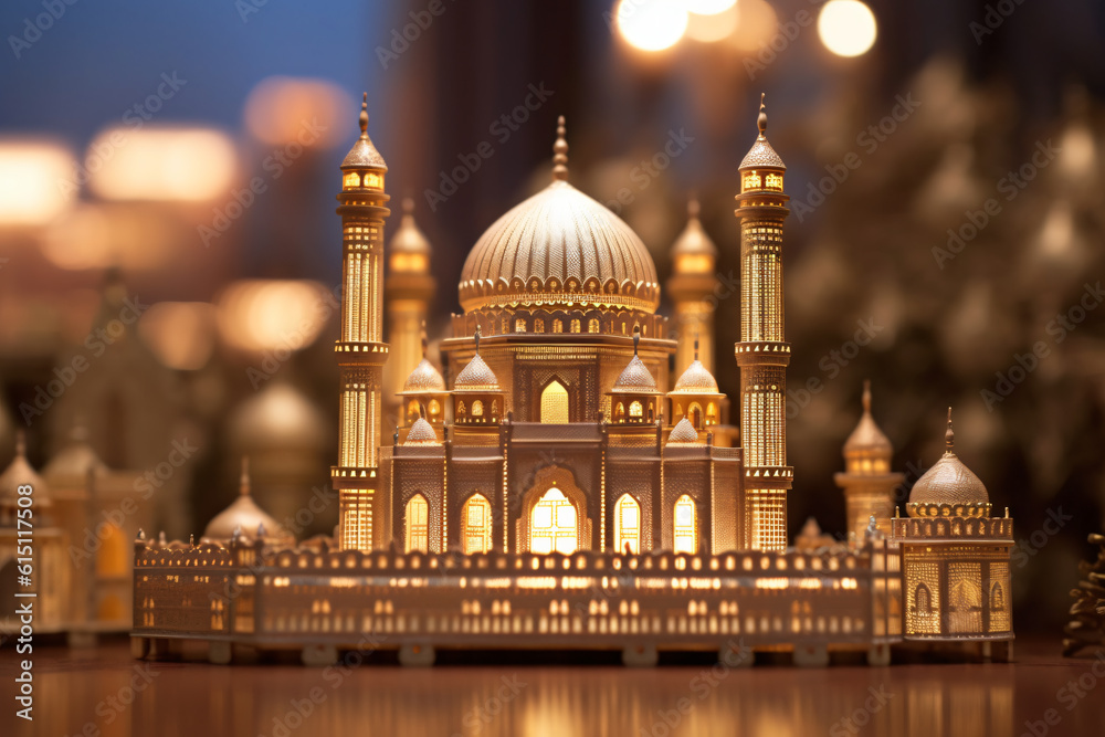 Highlighted Golden Mosque in a dark night  Eid ul Adha Banner Background