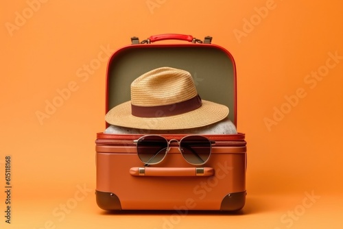 Yellow suitcase with sun glasses and hat on yellow background. travel concept. minimal style, ai generated