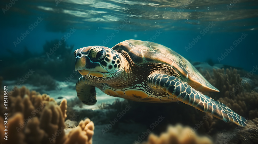 Fototapeta premium Hawksbill Turtle in the sea. Generative AI