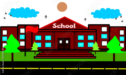 illustration of education with school building  flag  tree  sky  balloon  bird  sun  and highway flat style. suitabel for infograpich resources. illustration of back to school