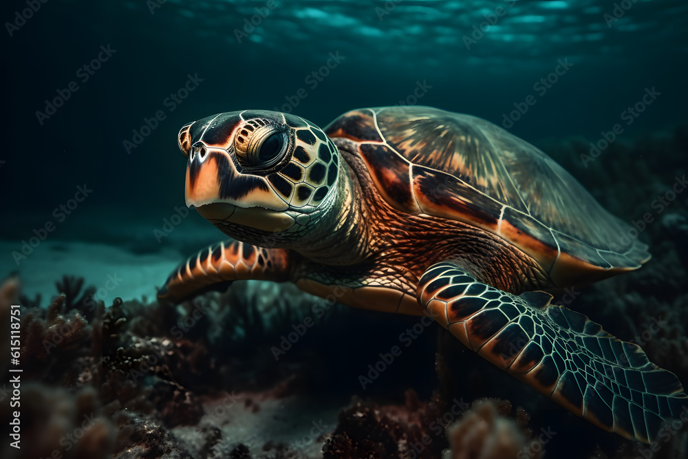 Hawksbill Turtle in the sea. Generative AI Hawksbill Turtle in the sea. Generative AI