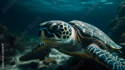 Hawksbill Turtle in the sea. Generative AI © PIRMYN