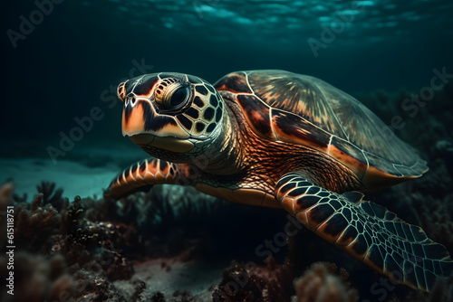 Hawksbill Turtle in the sea. Generative AI