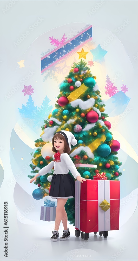 Christmas winter holiday composition on a white background. Colorful gifts, Christmas tree, people Christmas winter holiday composition on a white background. Colorful gifts, Christmas tree, people