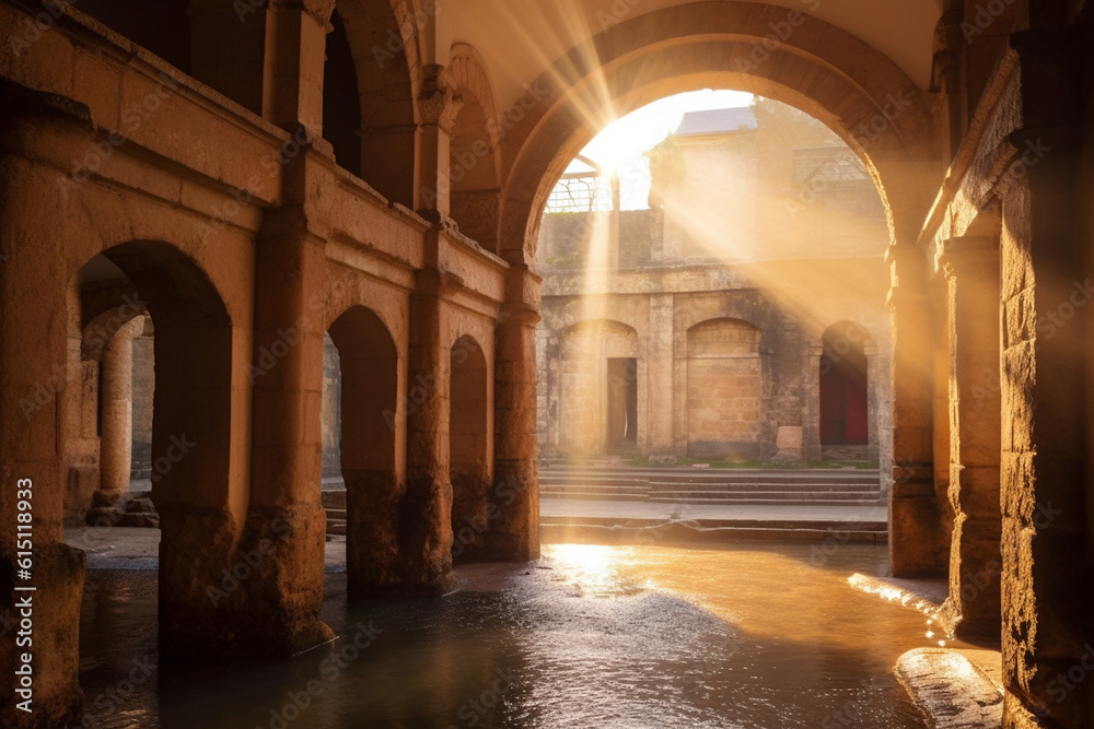 Sunlight streaming through the arched windows of the Roman baths, creating a captivating ambiance Generative AI