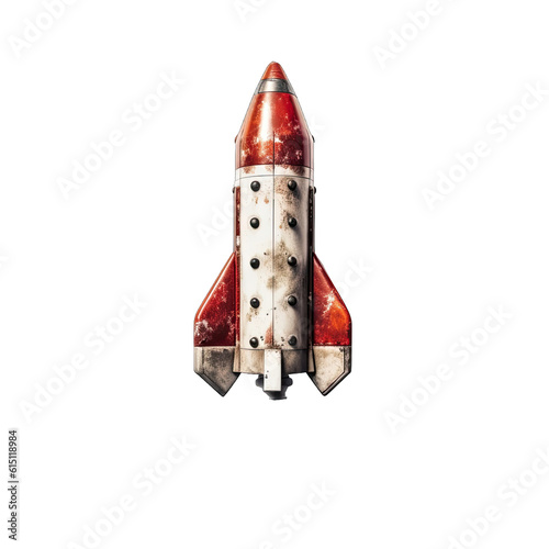  a painting depicting a rocket ship in red and white colors
