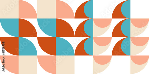 Geometric abstract vector seamless pattern with circles, rectangles and squares in retro Bauhaus style. Pastel colored simple shapes graphic background.
