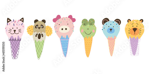 
Animals ice cream illustration set.