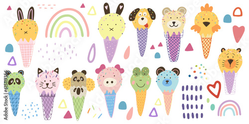Set of illustrations of ice cream with animals and abstract elements.