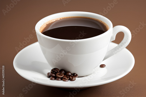 AI-generated white porcelain cup with black coffee and a few coffee beans on a saucer.