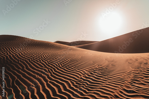 Fototapeta Naklejka Na Ścianę i Meble -  Nature's masterpiece: Intricate patterns sculpted by wind upon the desert sands, a captivating display of rhythmic curves and delicate ripples.