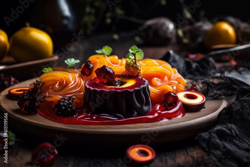 Creepy Halloween dish on dark wooden table, macro, closeup, Generative AI © Andrii Fanta