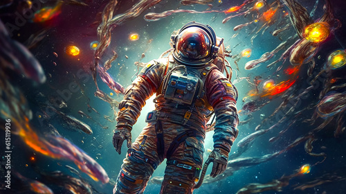 An astronaut floating in the vibrant cosmic galaxy and space, among the colorful celestial bodies.