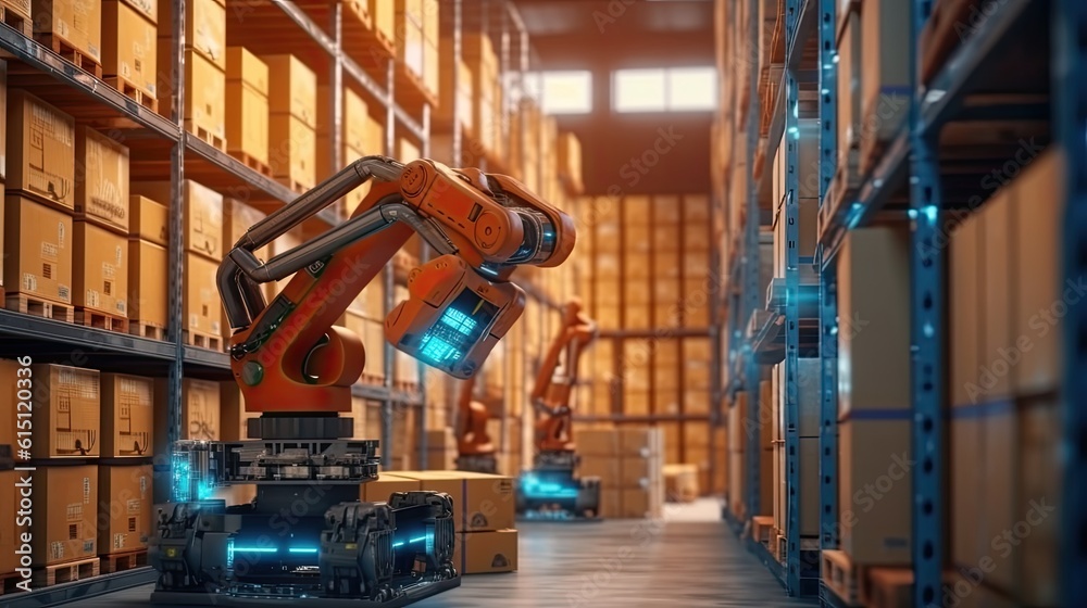 intelligent robotic system for warehouses and factories with digital technology innovation Industrially controlled automated production robots.