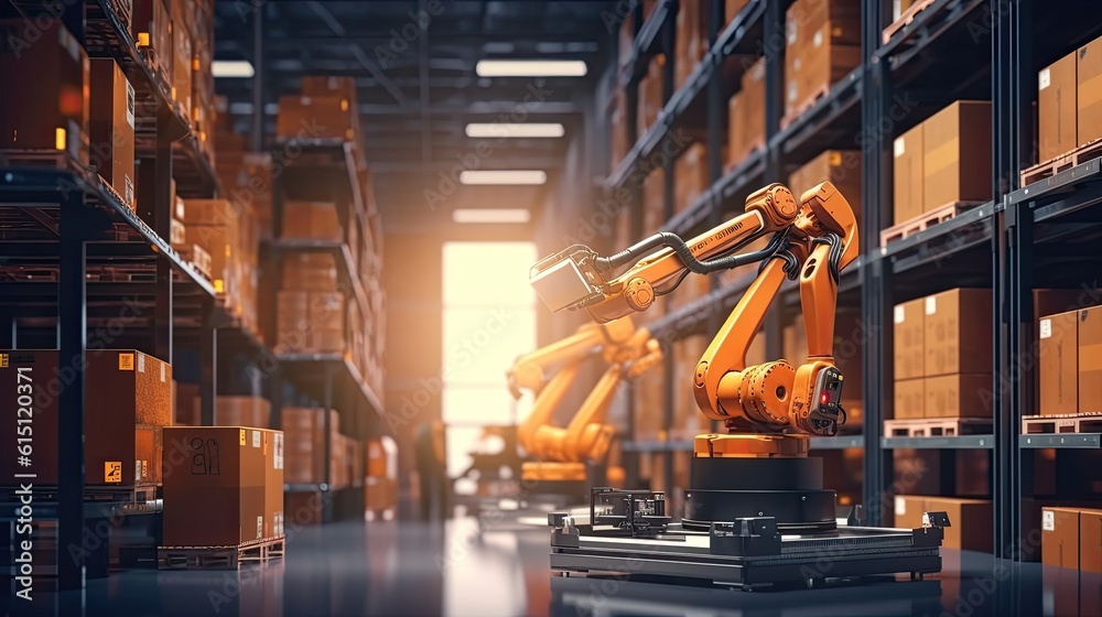 intelligent robotic system for warehouses and factories with digital technology innovation Industrially controlled automated production robots. intelligent robotic system for warehouses and factories with digital technology innovation Industrially controlled automated production robots.