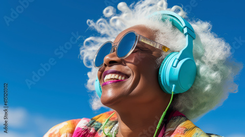 Elderly African American Woman laughing with sunglasses and headphones. Generative AI