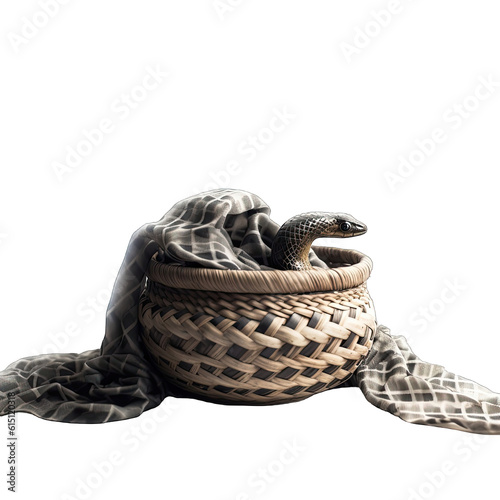  a snake curled up in a cozy blanket within a wicker basket photo