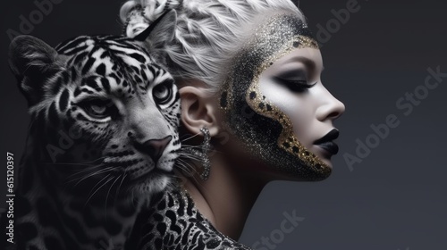 Fashion female glamor portrait next to white leopard, cat. Theatrical art of model make-up with mehendi. Created with AI 