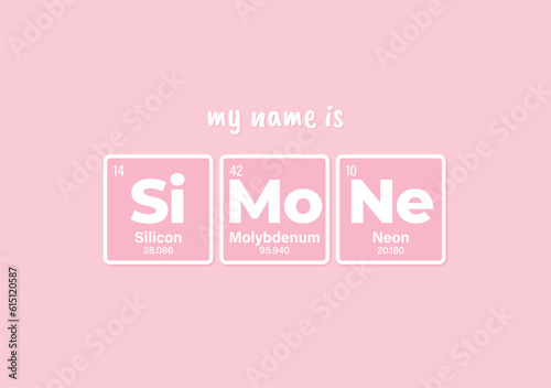 Vector inscription name SIMONE composed of individual elements of the periodic table. Text: My name is. Purple background