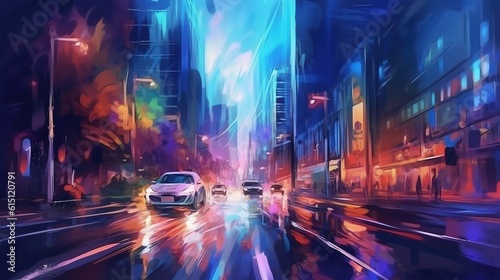   ar riding on a city road at night. Generative AI. Illustration for banner  poster  cover or presentation.