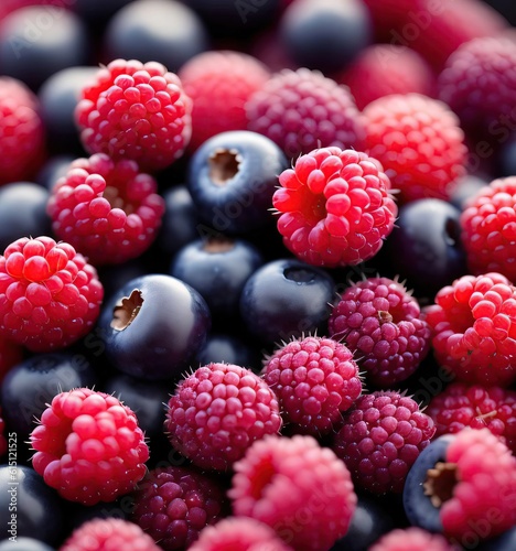 illustration image of Fresh wild berries, blueberries and redberries in close-up
