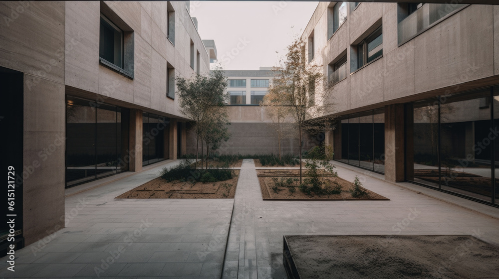 an empty courtyard surrounded by modern concrete buildings. Generative AI