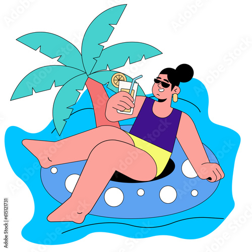 Island Oasis Serenity:  A woman basks in the tropical ambiance, resting on a floating ring in crystal clear blue water, with the backdrop of a lone palm tree.