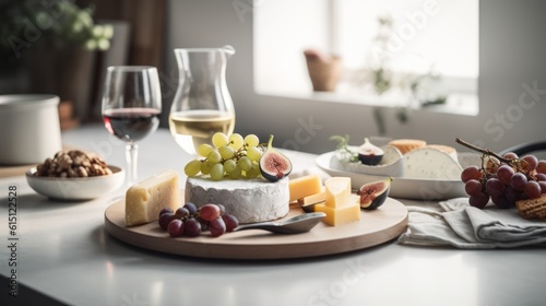 Cheese plate with grapes  nuts and wine on table in kitchen  Generative AI