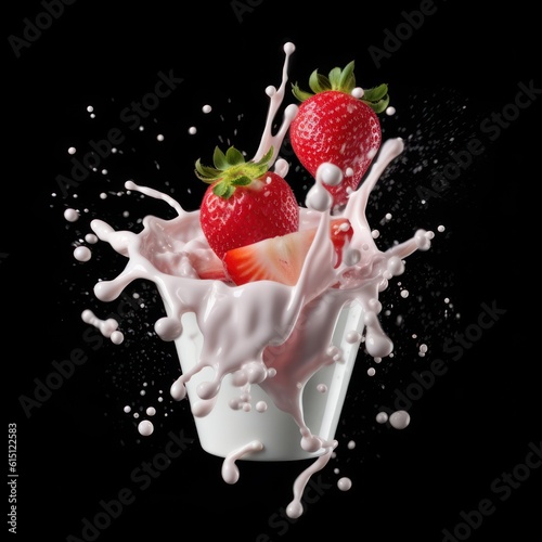 Strawberry in milk splash isolated on black background, Generative AI