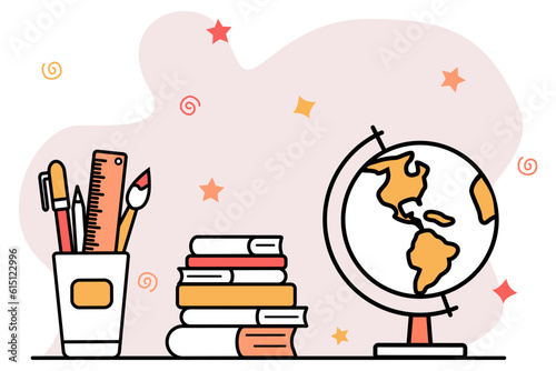 Student's globe, school stationery, stack of books, textbooks. Back to school. Template for educational website. Design decoration of school schedule, training courses. Vector illustration