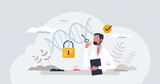 Personalized medicine with specific patient DNA research tiny person concept. Genomics checkup for precise disease treatment adjustment and focused medical prescriptions therapy vector illustration.