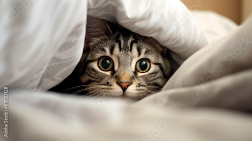 Cat lying in bedding and looking out.