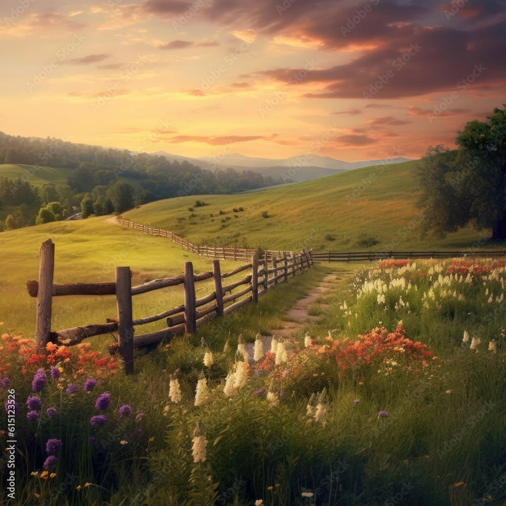 A peaceful countryside scene with rolling hills. Generative AI. A peaceful countryside scene with rolling hills. Generative AI.