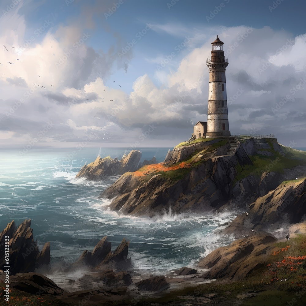 A tall lighthouse stands amidst a ocean. Generative AI
