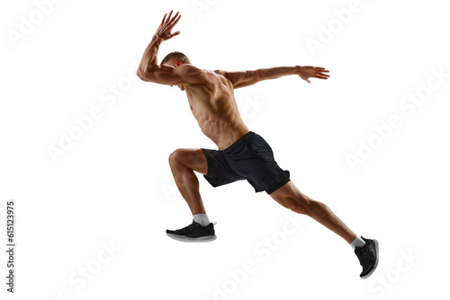 Competitive, motivated man, professional runner, sportsman in motion, training shirtless against white studio background