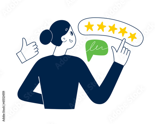 Customer gives 5 star rating, female client scores 5 stars points, woman leaves positive feedback, thumb up and comment icon, person evaluates experience, vector illustration isolated on white