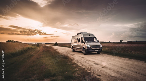 a camper van drives on a dirt road with a sunset in the background. Generative AI