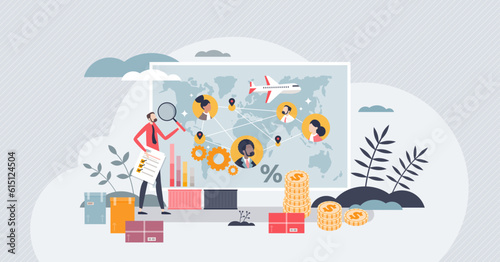 Vendor management and business supply chain planning tiny person concept. Suppliers and logistics financial optimization for effective worldwide shipping vector illustration. Partner connections.
