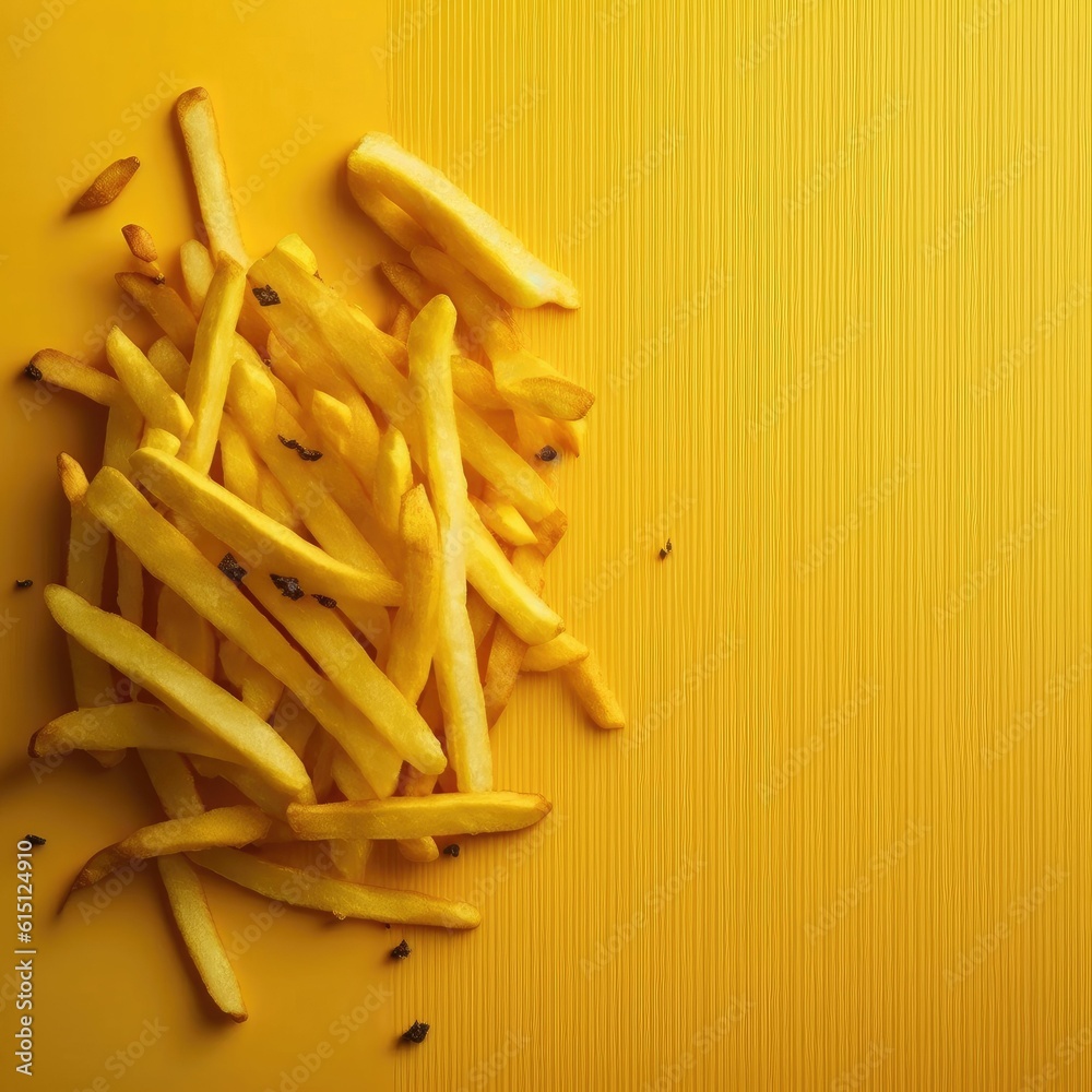 Crispy french fries on a table, yellow background ,made with Generative AI Crispy french fries on a table, yellow background ,made with Generative AI