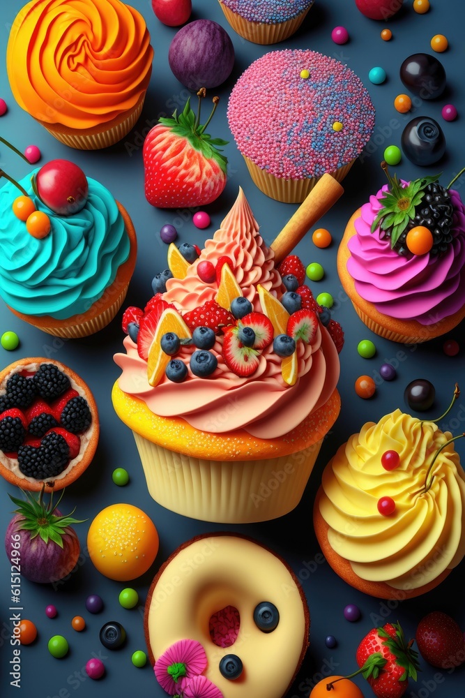Delicious cupcakes with sprinkles and colorful cream swirl, explosion of fruits ,made with Generative AI Delicious cupcakes with sprinkles and colorful cream swirl, explosion of fruits ,made with Generative AI