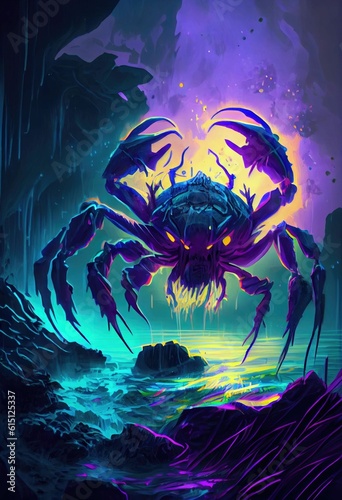 Illustration of extraterrestrial crab-like entity with enormous pincers ,made with Generative AI