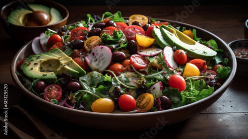 A bowl of colorful and nutritious salad with mixed greens, cherry tomatoes, and avocado slices