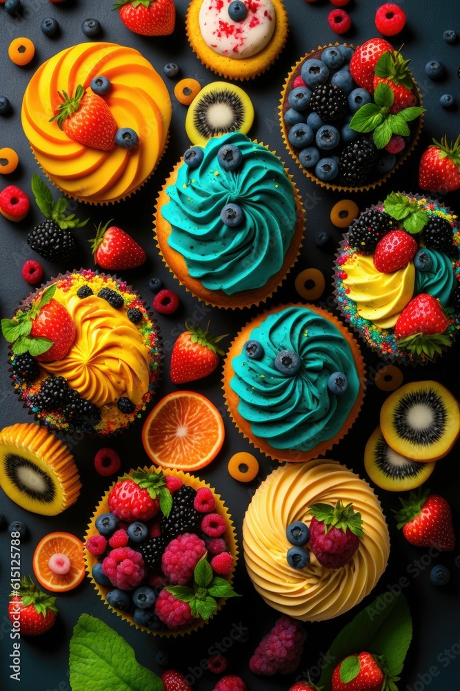 Delicious cupcakes with sprinkles and colorful cream swirl, explosion of fruits ,made with Generative AI