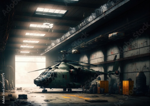 Abandoned hangar with derelict aircraft, desolate industrial scene ,made with Generative AI