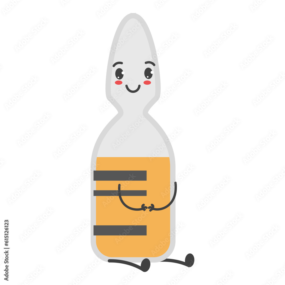 Medical ampoule as a charatcer vector isolated. Funny smiling medical tool. Concept of healthcare and pharmacy. Ampule with vaccine. Cute mascot.